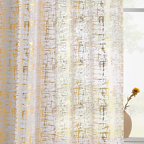 Terlytex Gold White Sheer Curtains 63 Inch Length, Metallic Gold Foil Cross Hatch Design Sparkle Sheer Curtains For Bedroom, Rod Pocket Privacy Glitter Sheer Curtains 2 Panels, 52 X 63 Inch, Gold #TOP20