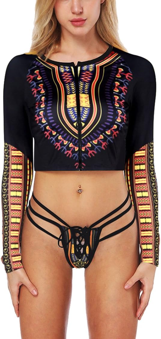 Viottis Womens Thong Bikini Bottom African Print Dashiki 2PC Swimsuit Rash Guard
