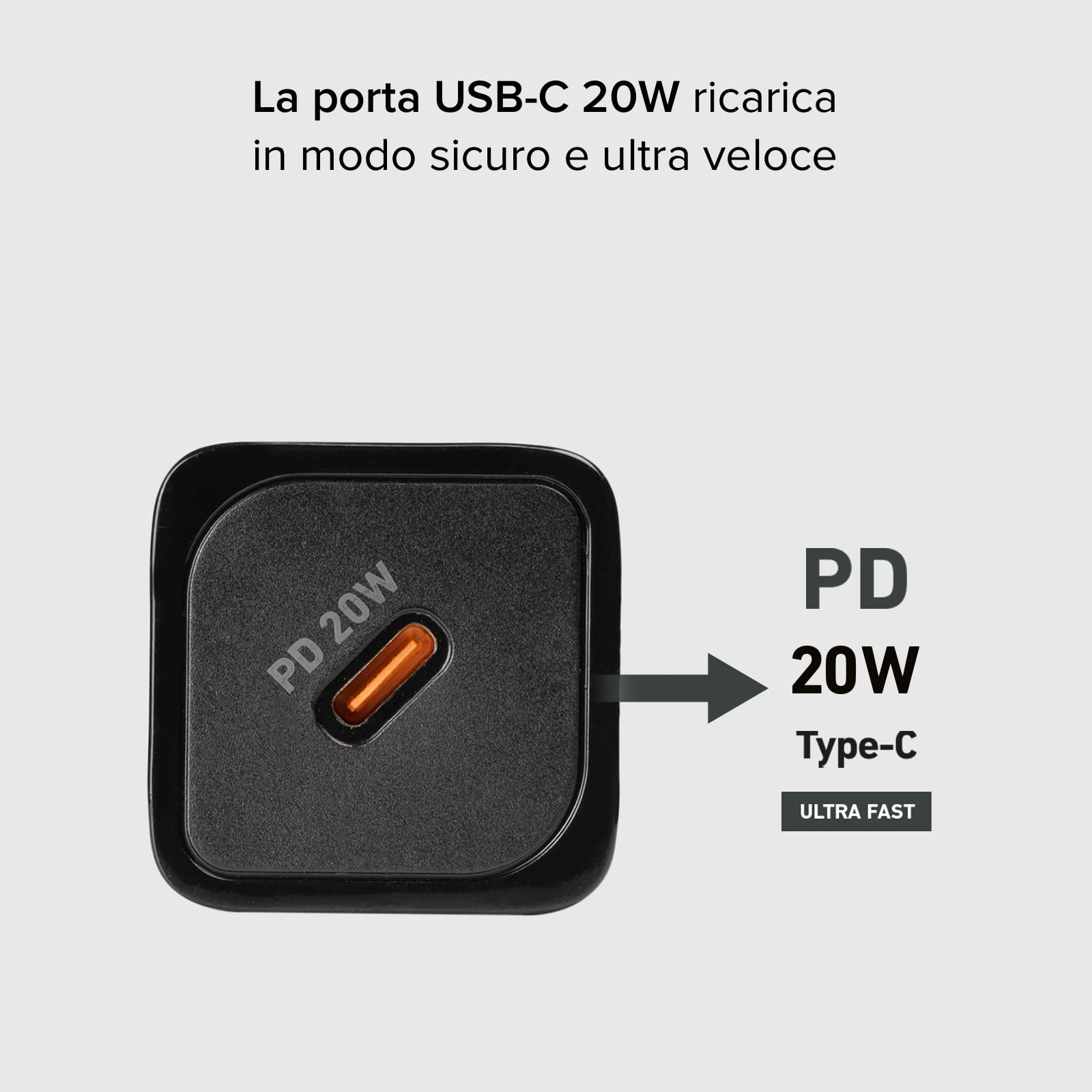 SBS Alimentatore Slim USB-C 20W, Tecnologia GaN, Power Delivery (PD), Ricarica Rapida, Super Compatto, Caricatore per iPhone, iPad, Airpods, Samsung, Pixel, Tablet, Smartphone, Nero
