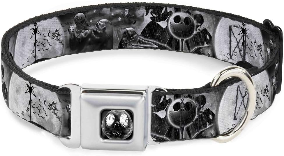 Dog Collar Seatbelt Buckle Jack Oogie Boogie Scenes Grays 15 to 26 Inches 1.0 Inch Wide