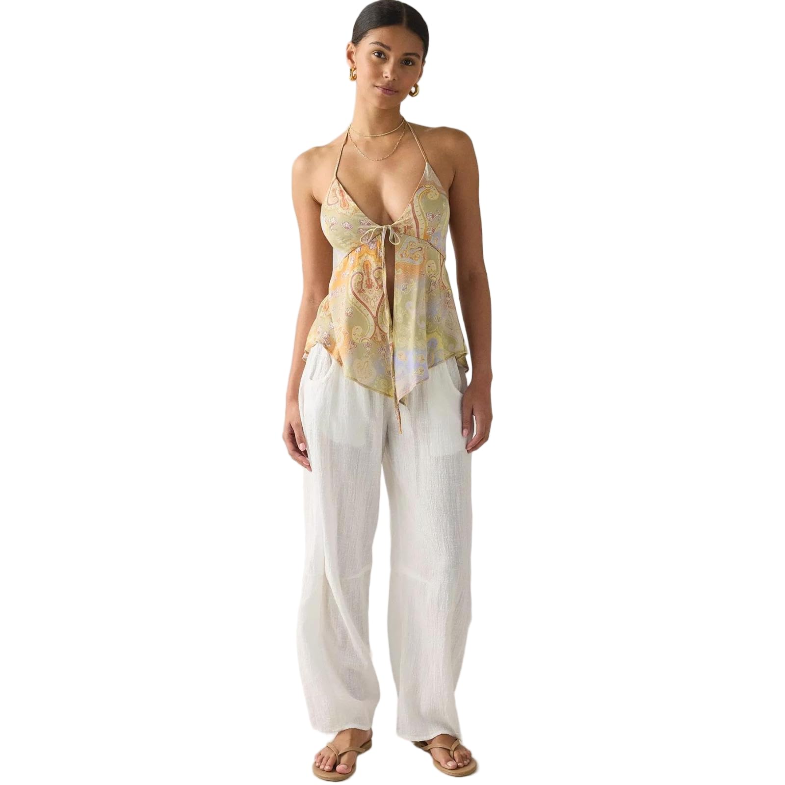 JCVBN - Camiseta estilo bohemio para mujer, con lazo frontal, estampado de verano, vacaciones, salir, cuello halter, lazo frontal, estampado, dobladillo asimétrico, vacaciones, poliéster