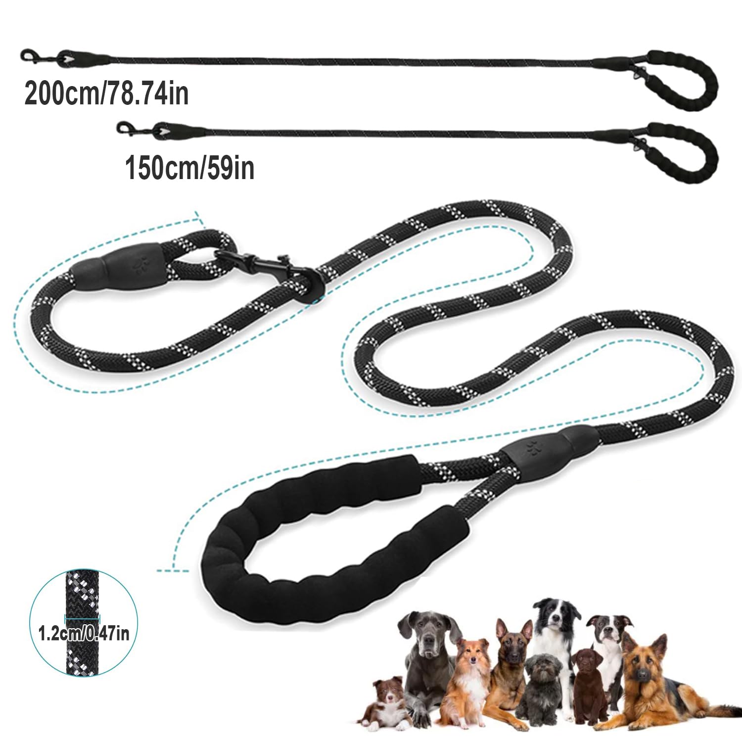 Rope Dog Lead with Soft Padded Handle, 1.5m/2m Reflective Lead and Multi-Colour for Medium Large Dogs 1.2 cm, Black - Image 2