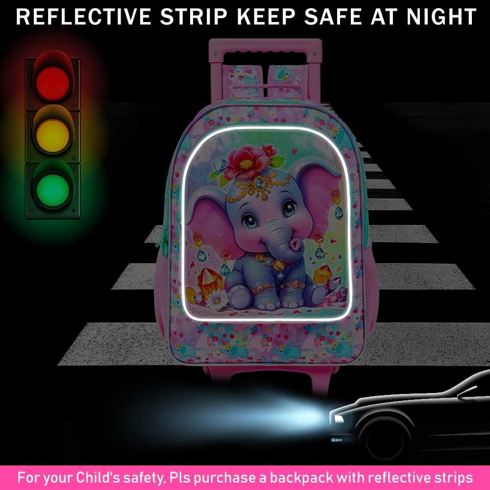 3Pcs Rolling Backpack for Girls, Elephant Roller Bookbag with Lunch Box, Kids School Backpacks with Wheels for Elementary Preschool(Pink) - Image 3