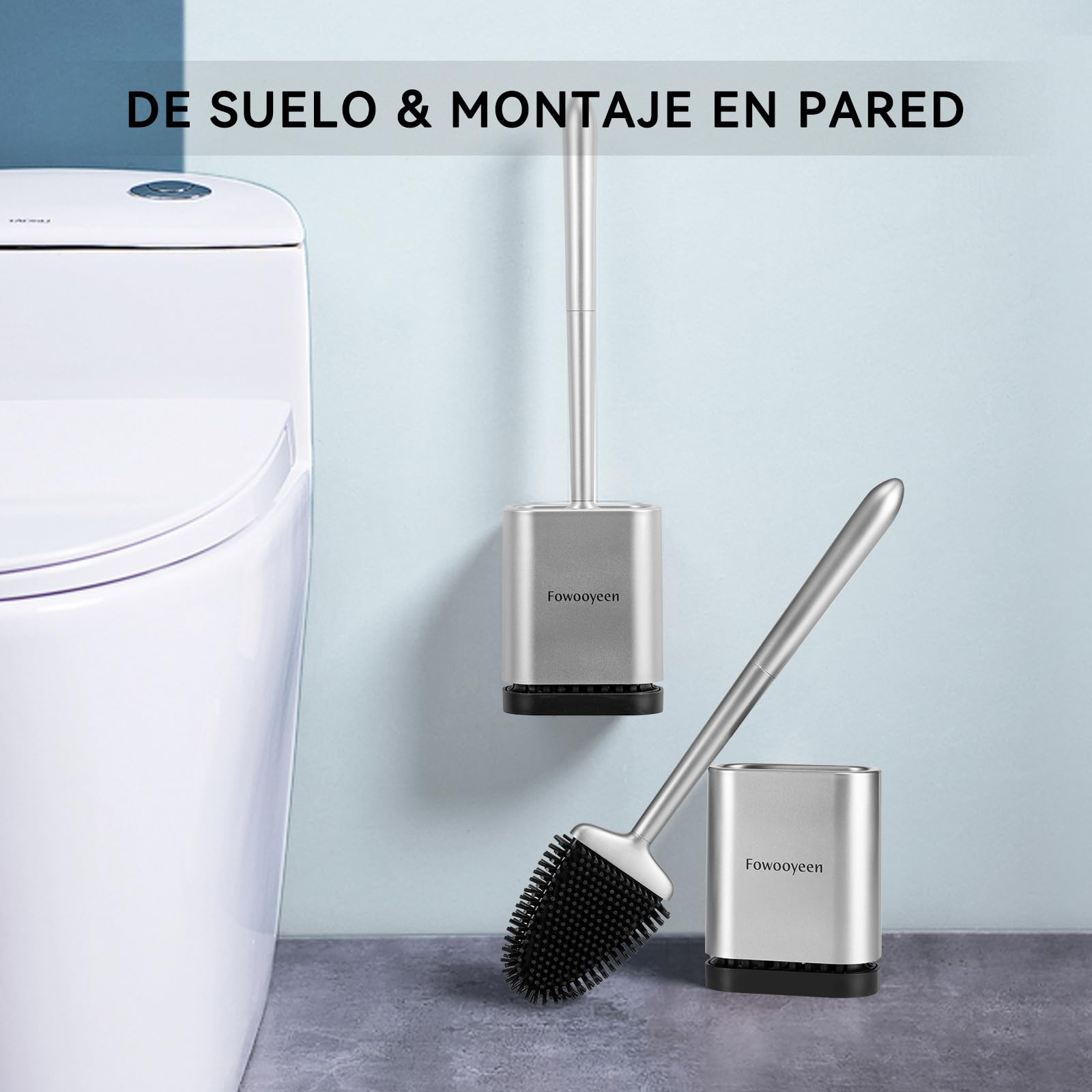 Fowooyeen Escobillas de Baño, Escobilla WC Silicona, Cepillo Toilet Plana de Mango Largo, Cepillo de Limpieza WC Curvo de Pie/Montado en la Pared - Plata Mate