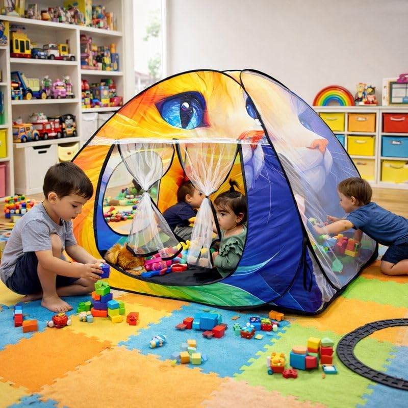 Image of Foldable Play Tent House Big Size for Girl Boys with Cat Theme Pop-Up Indoor & Outdoor Playhouse for Girls Boys Multi Purpose Tent with Fun Patterns Easy Setup & Portable (Orange)