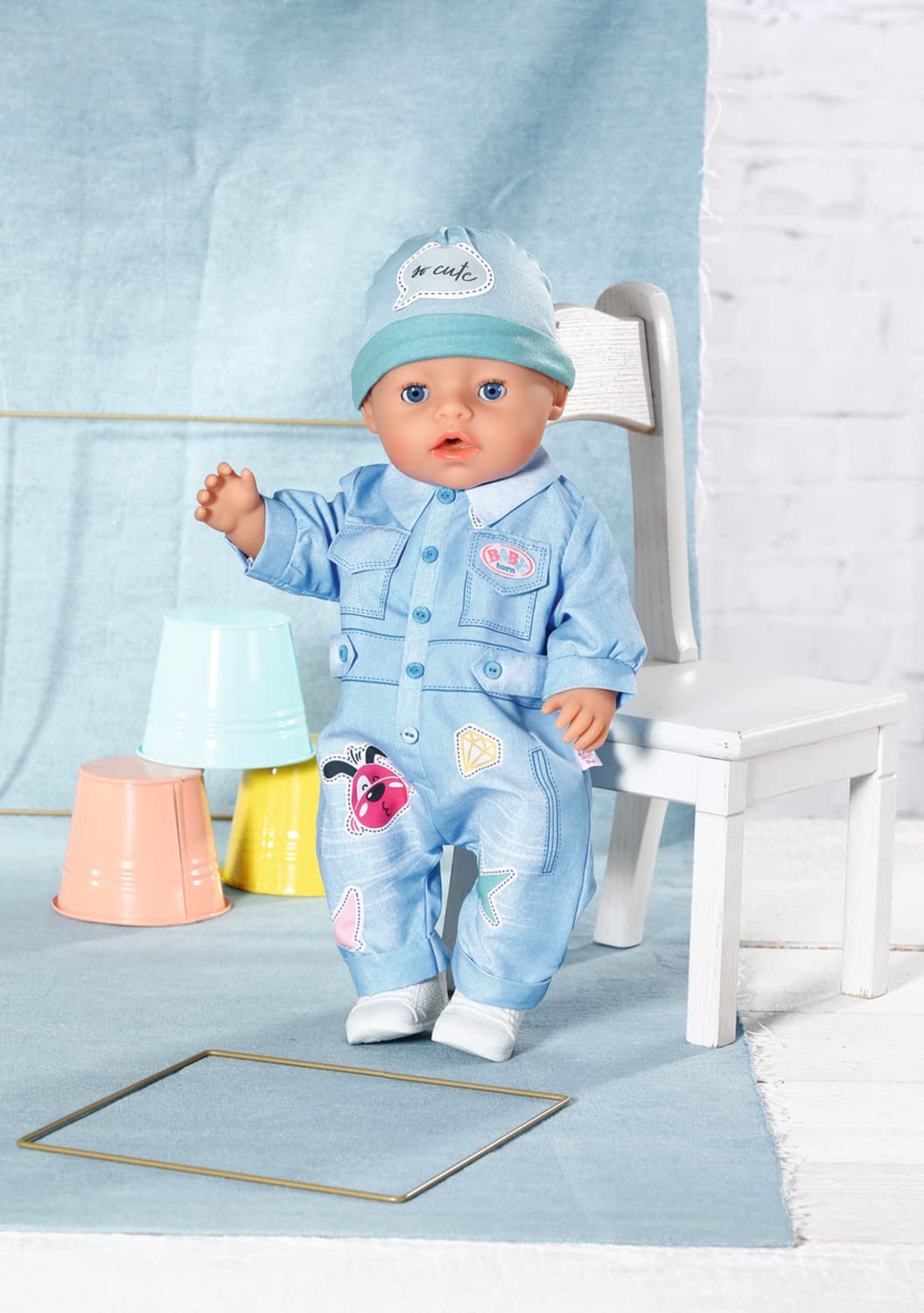 BABY born 832592 Deluxe Jeans Overall, To Fit 43cm Dolls, Includes Onesie, Hat, & Shoes, Easy for Small Hands - Image 3
