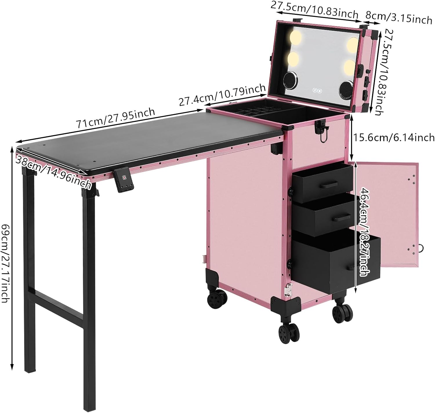 Professional Rolling Makeup Case Foldable Nail Table with 3 Drawers & Adjustable Lighted Mirror, Portable Travel Cosmetic Organizer Manicure Desk, Nail Artist Salon Storage Traveling Cart Trunk (Pink)