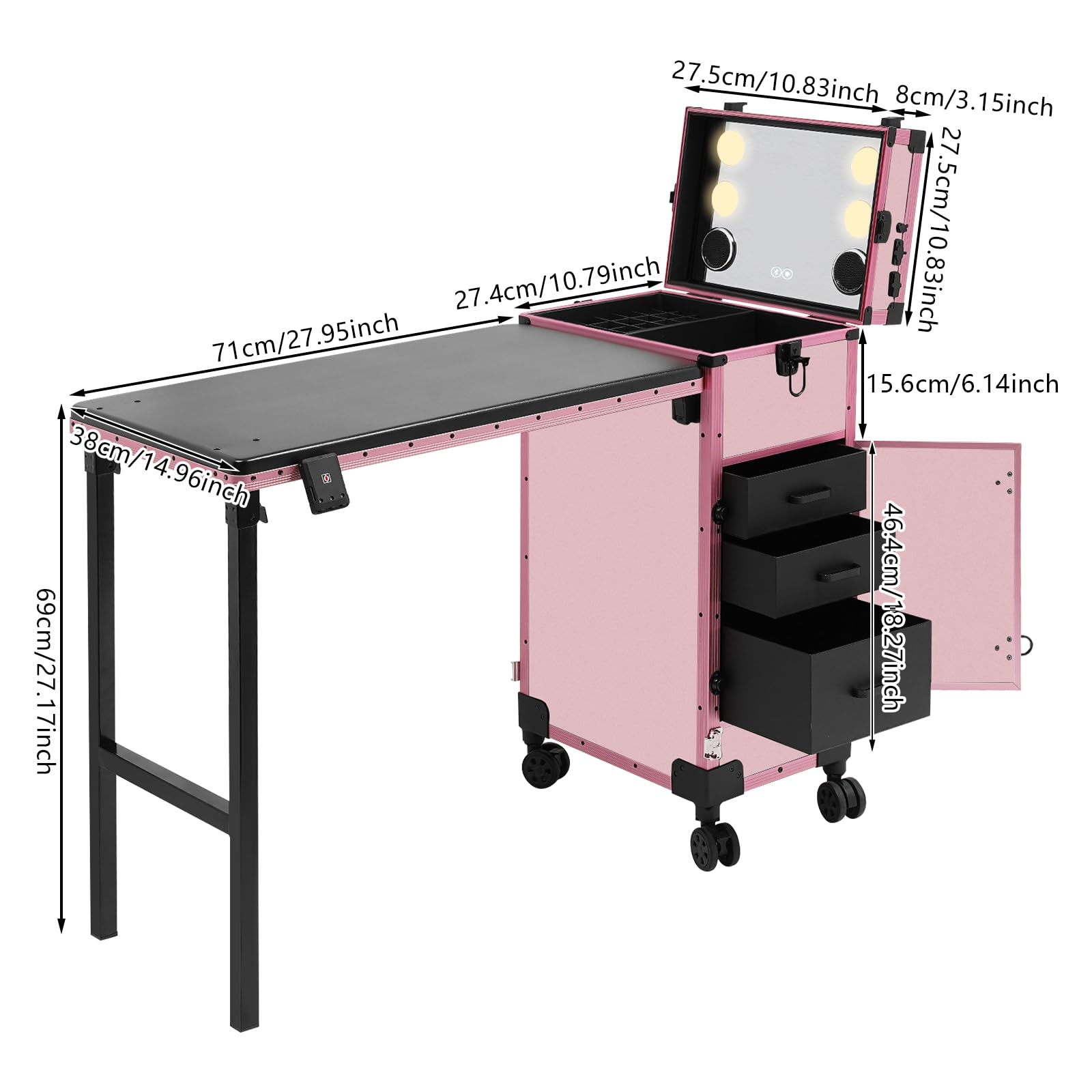 Professioneller Kosmetikkoffer Trolley 2 In 1 Schminkkoffer mit Tisch Bis 50KG Maniküre Tisch mit 3 Schubladen, LED Spiegel, 4 Rollen Multifunction Kosmetik Koffer Friseurkoffer (Rosa)
