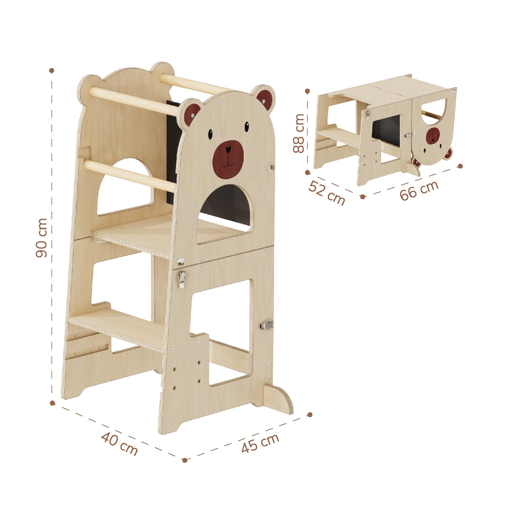 Buddy Baby Xperimenta Torre di apprendimento Montessoriana in legno trasformabile in scrivania e sgabello pieghevole per cucina con barra di sicurezza