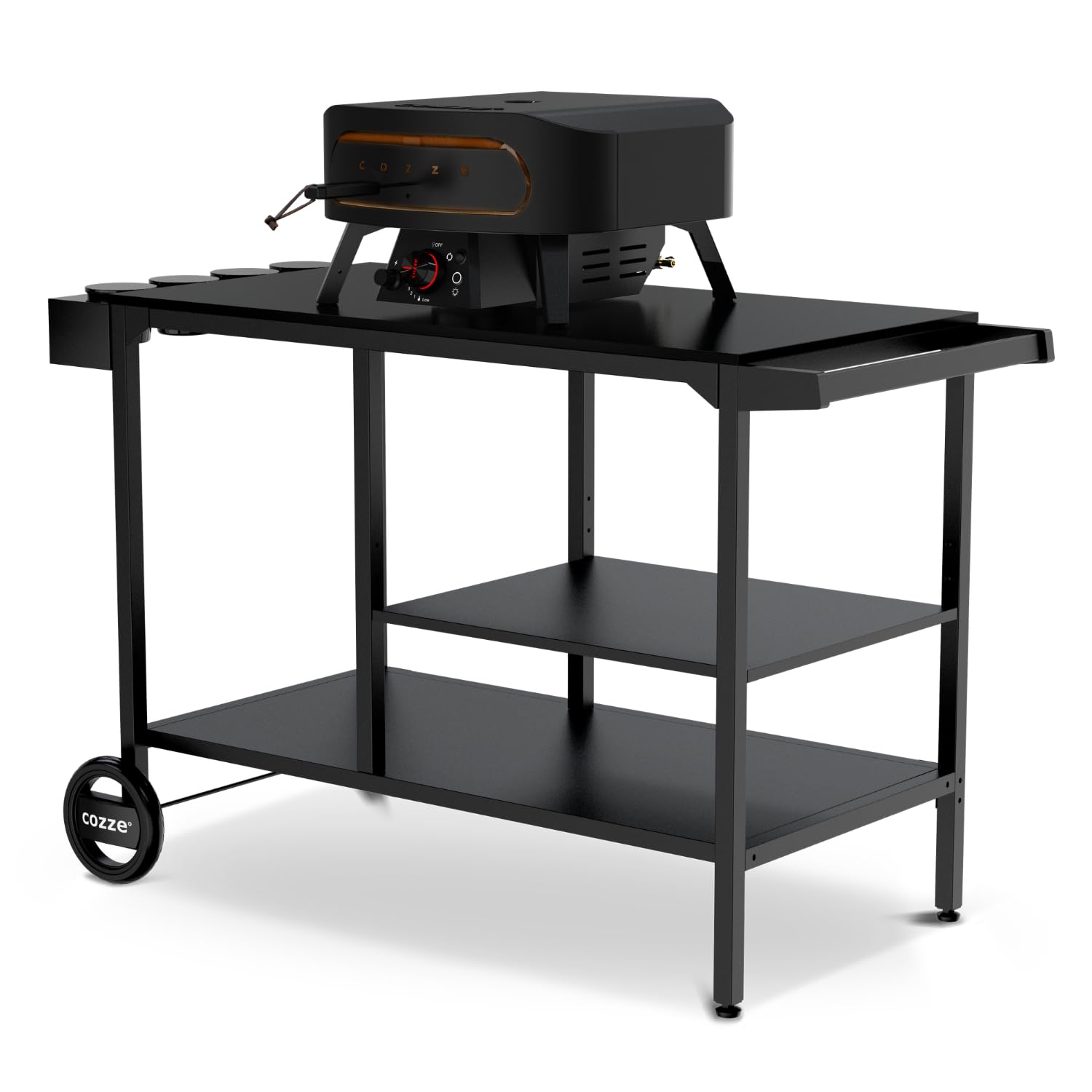 Cozze® BBQ Station Carro para Barbacoa 115 cm, Mesa Exterior de Acero galvanizado, Estante Ajustable 3 Niveles para Horno de Pizza, Ruedas Grandes y Patas Regulables, Carga máx. 100 kg