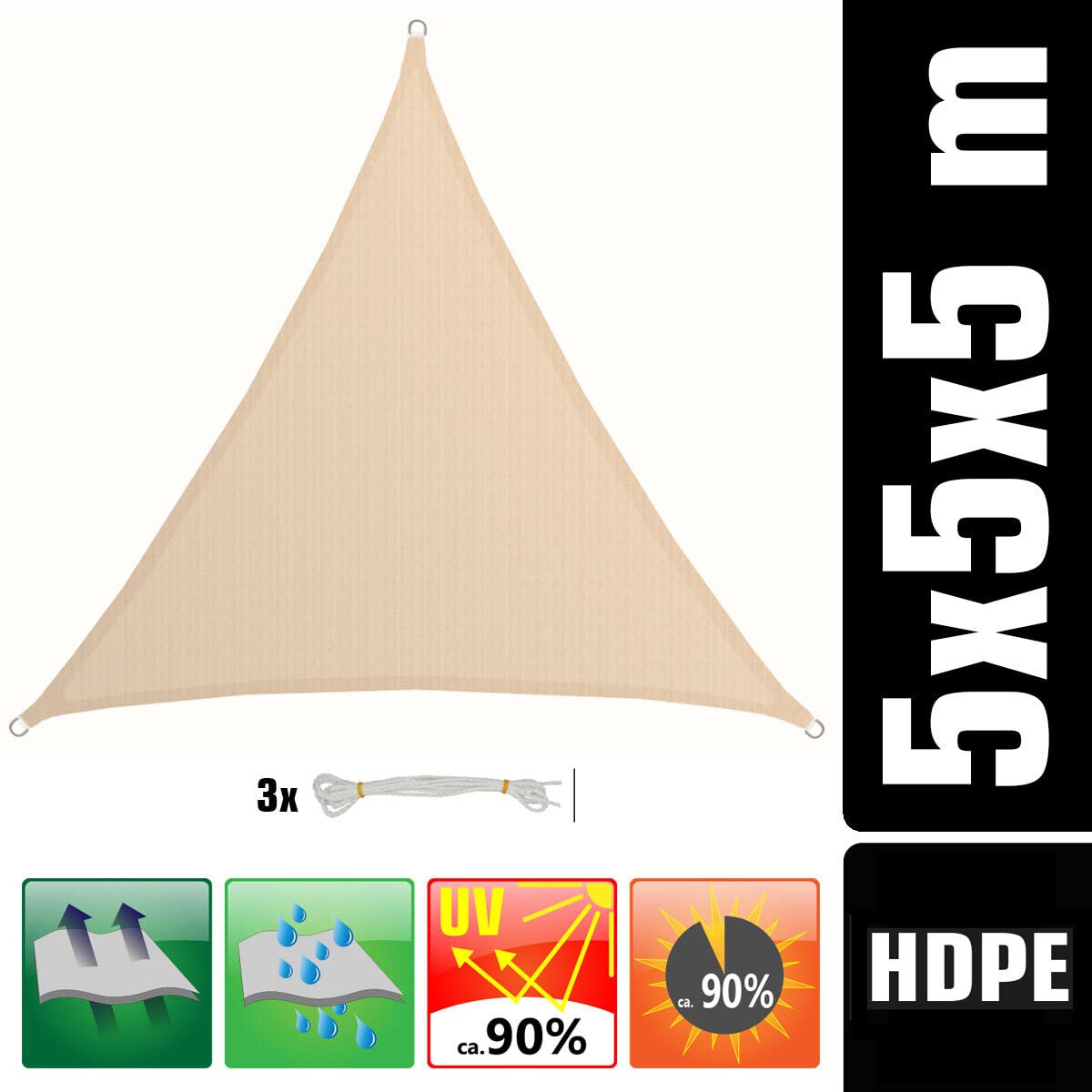 AMANKA 5x5x5 Voile d'Ombrage Triangulaire Respirante - Toile de Jardin UV avec Fixation Acier INOX