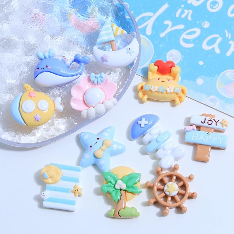 11pcs Summer Beach Resin Charms – Sea-Themed Flatback Ocean Cabochons with Whales,Seashells,Starfish,Sailboats, Palm Trees for DIY Jewelry Making,Scrapbooking,Craft Projects, and Phone Case Decoration - Image 7