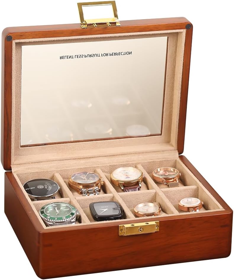 Watch Box, Watch Case for Men Women with Large Glass Lid, Wooden Watch Display Storage Box with 8 Slots, Solid Wood Walnut Mens Watch Box Organizer Velvet Lining for Father‘s Day Coffee