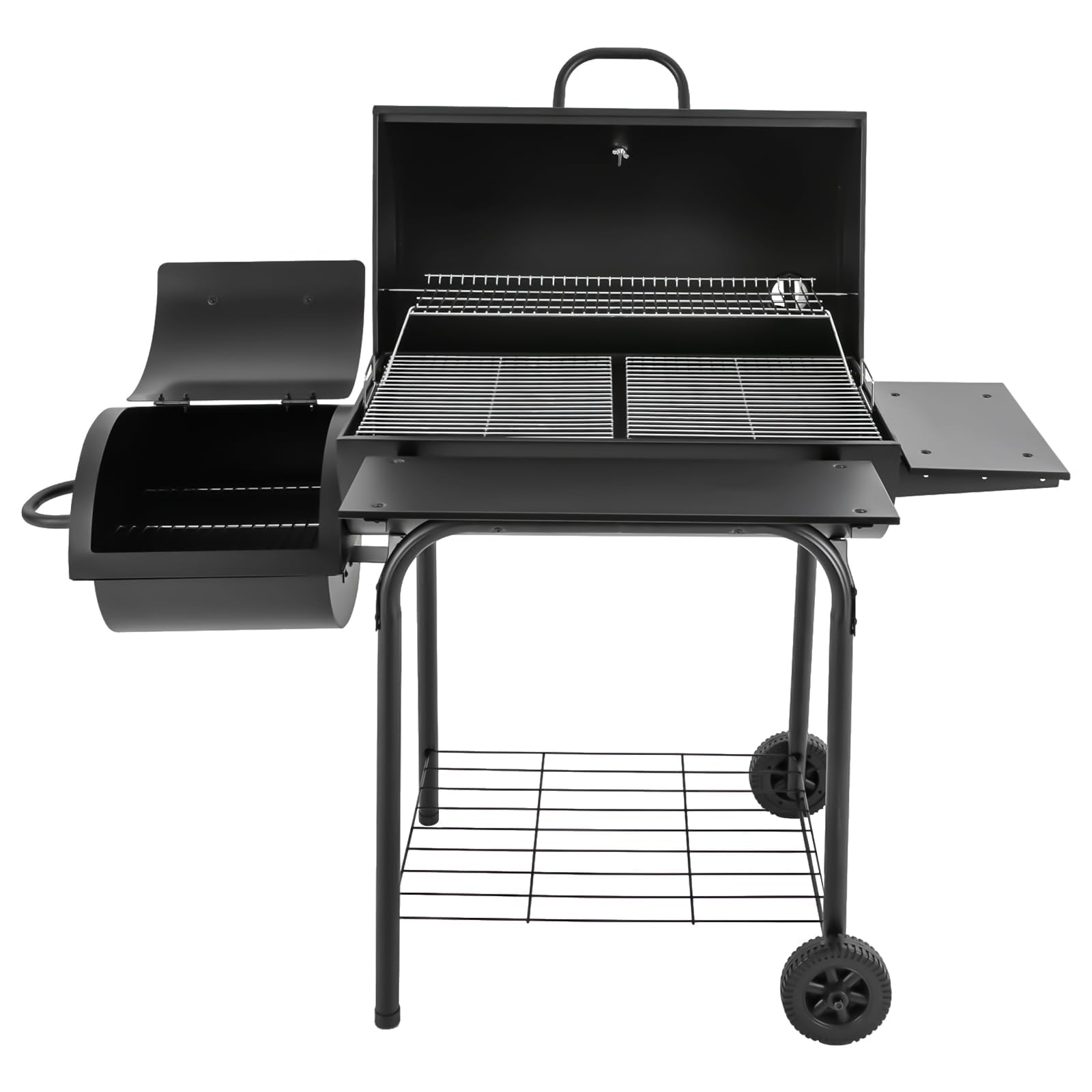 Grill na węgiel drzewny z pokrywką, duży grill węglowy z kółkami i termometrem i 2 półkami, na kemping i do ogrodu, 147 x 70 x 126 cm