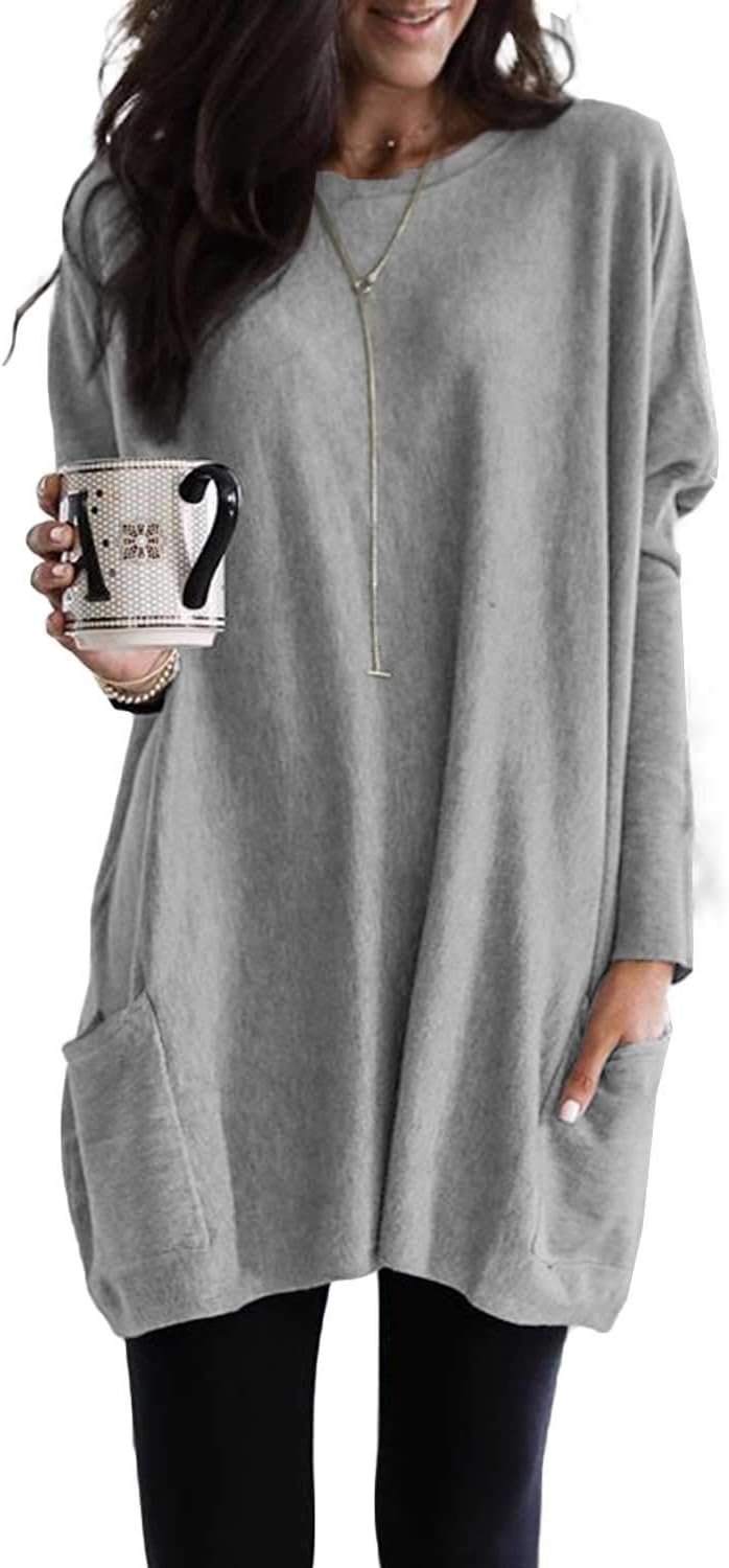 DokotooWomens Casual Long Sleeve Shirts Lightweight Sweatshirts Fashion Tunic Tops with Pockets