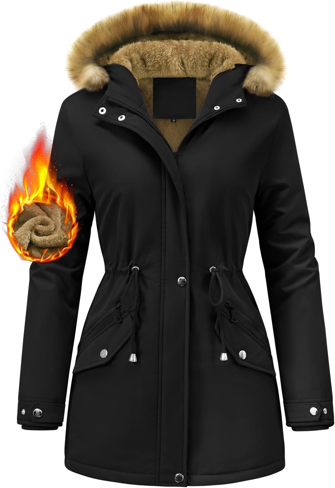 FemiChicWomen Winter Coat Waterproof Fleece Lined Jacket Warm Ladies Parka Drawstring Girdle Hooded Thermal Thickened Detachable Faux Fur Mid Length Outdoor Overcoat