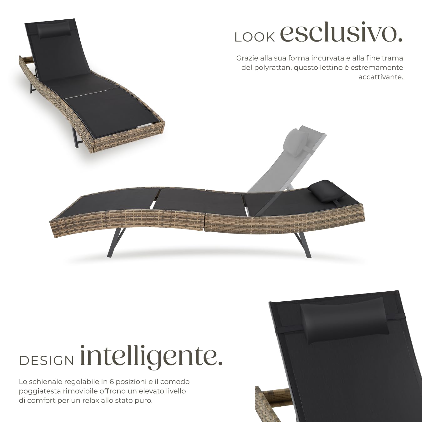 tectake® Sdraio in Rattan, Sdraio da Esterno Regolabile in 6 Posizioni, Traspirante, Telaio in Acciaio, Antiscivolo e Antigraffio, Cuscino Poggiatesta Incluso - Naturale