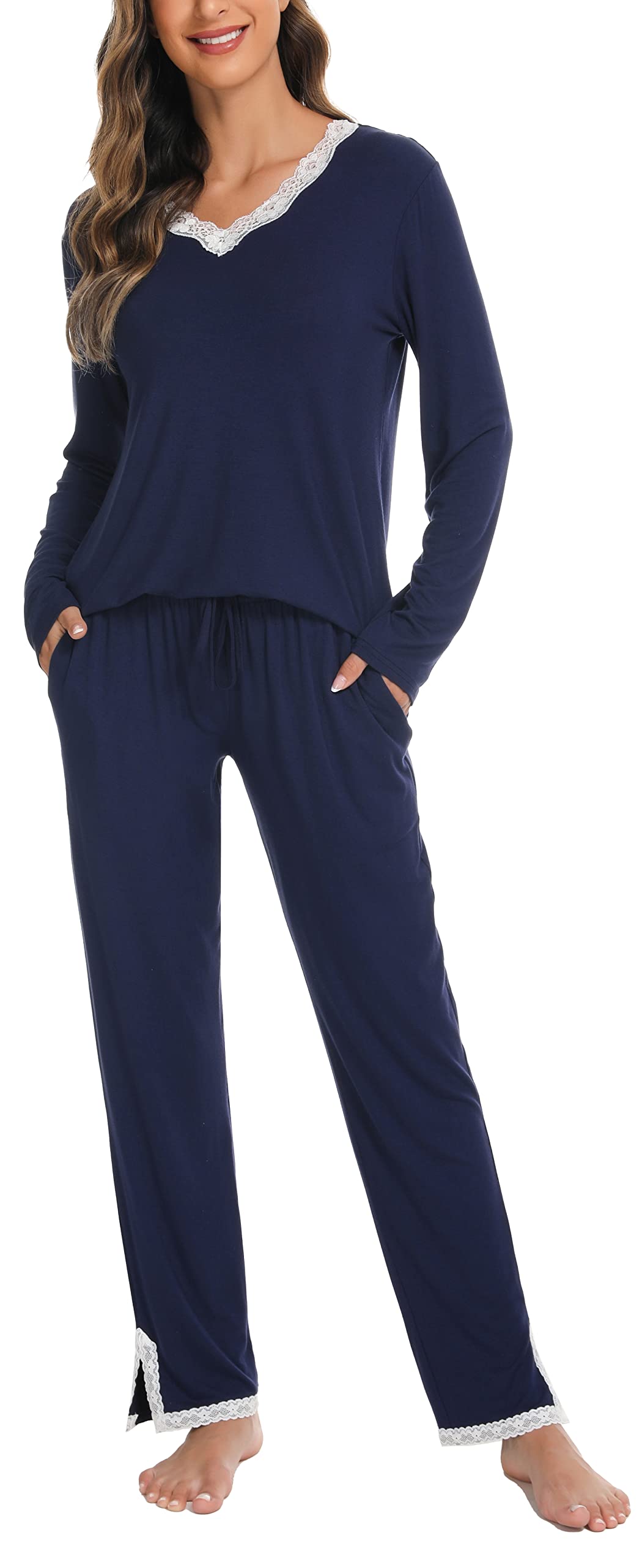 Lovasy Pigiama Donna Manica Lunga Pantaloni Lunghi Casual Scollo a V Top con Motivo a Pois Carino con Tasca Due Pezzi