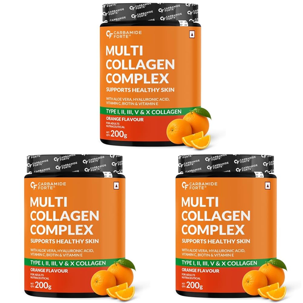 Carbamide Forte Multi Collagen Supplements for Women & Men | Multi Collagen powder with All 5 Types of Peptides Included - TYPE I, II, III, V, X | Orange Flavour - 200g (Pack of 3)-image-47