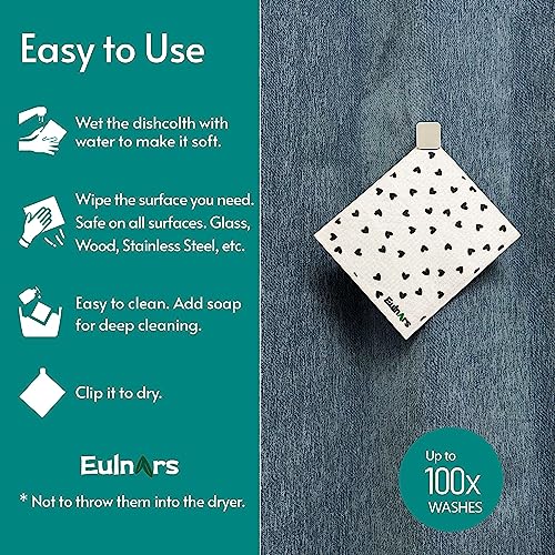 Image of Eulnars Reusable Paper Towels, 8-Pack Swedish Dishcloths for Kitchen with 3 Clips, Black White, Cotton, 200 Washes
