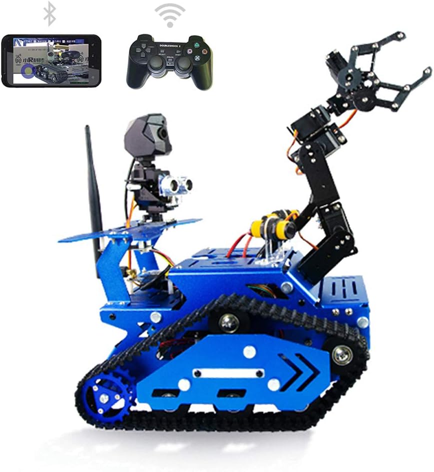 WiFi/Bluetooth Robot Car Starter Kit for Arduino UNO STEM Educational APP Remote Controlled Motorized Robotics with 4-DOF Robot Arm, Target Tracking Video Transmission Tank Tracked Robot