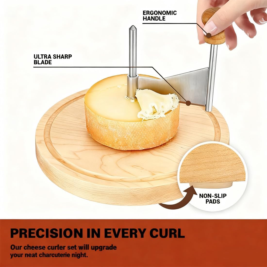 Cheese Curler Wheel, Cheese Girolle, Stainless Steel Cheeses Curler Flower Maker Wheel Slicer with Lid Handle, Sharp Blade, Wood Base for Girolle, Hard Cheeses & Chocolate (1+lid)