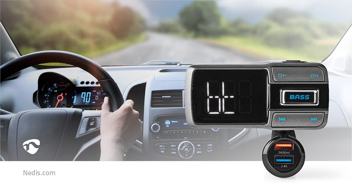 Transmetteur FM Audio pour Voiture - Appels Mains Libres - Appels Mains Libres - 2.0" - Ecran LED - Bluetooth - QC 3.0/5.0 V DC / 2.4 A - Charge Rapide - Amplification des Basses