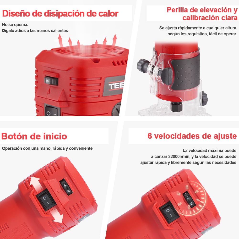 TEENO Fresadora De Madera Rebajadora Eléctrica 650W 15000-32000 RPM,Fresadora EléCtrica Para Madera Con 12 piezas 1/4'' Alicates, 6 Velocidades Variables, con Estuche de Transporte
