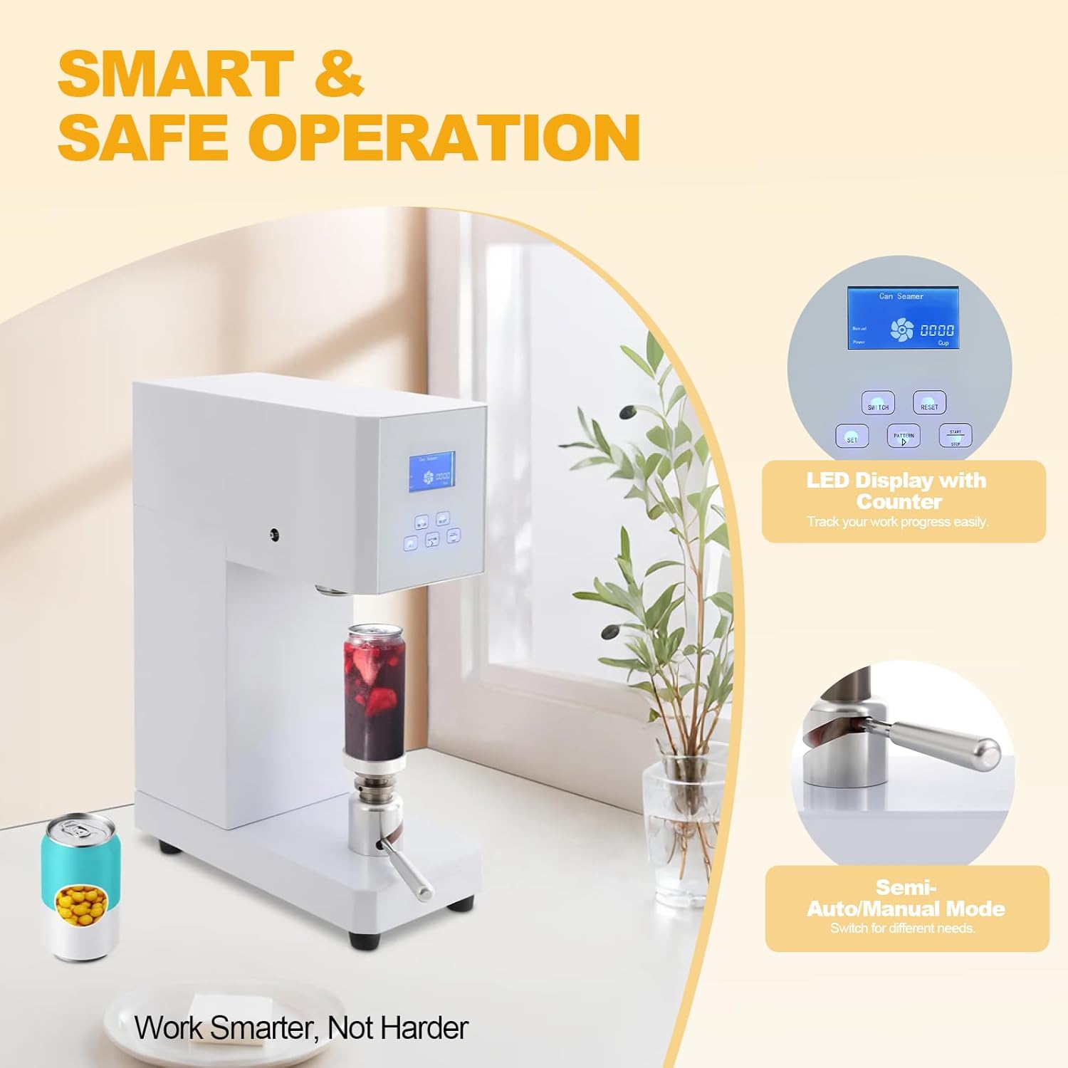 370W Automatic Can Sealer Machine, 110V Commercial Plastic Aluminum Beverage Seamer Machine w/LED Display, 2.17" Sealing Diameter Milk Tea Drink Bottle Sealer for Bars, Cafes (White1)