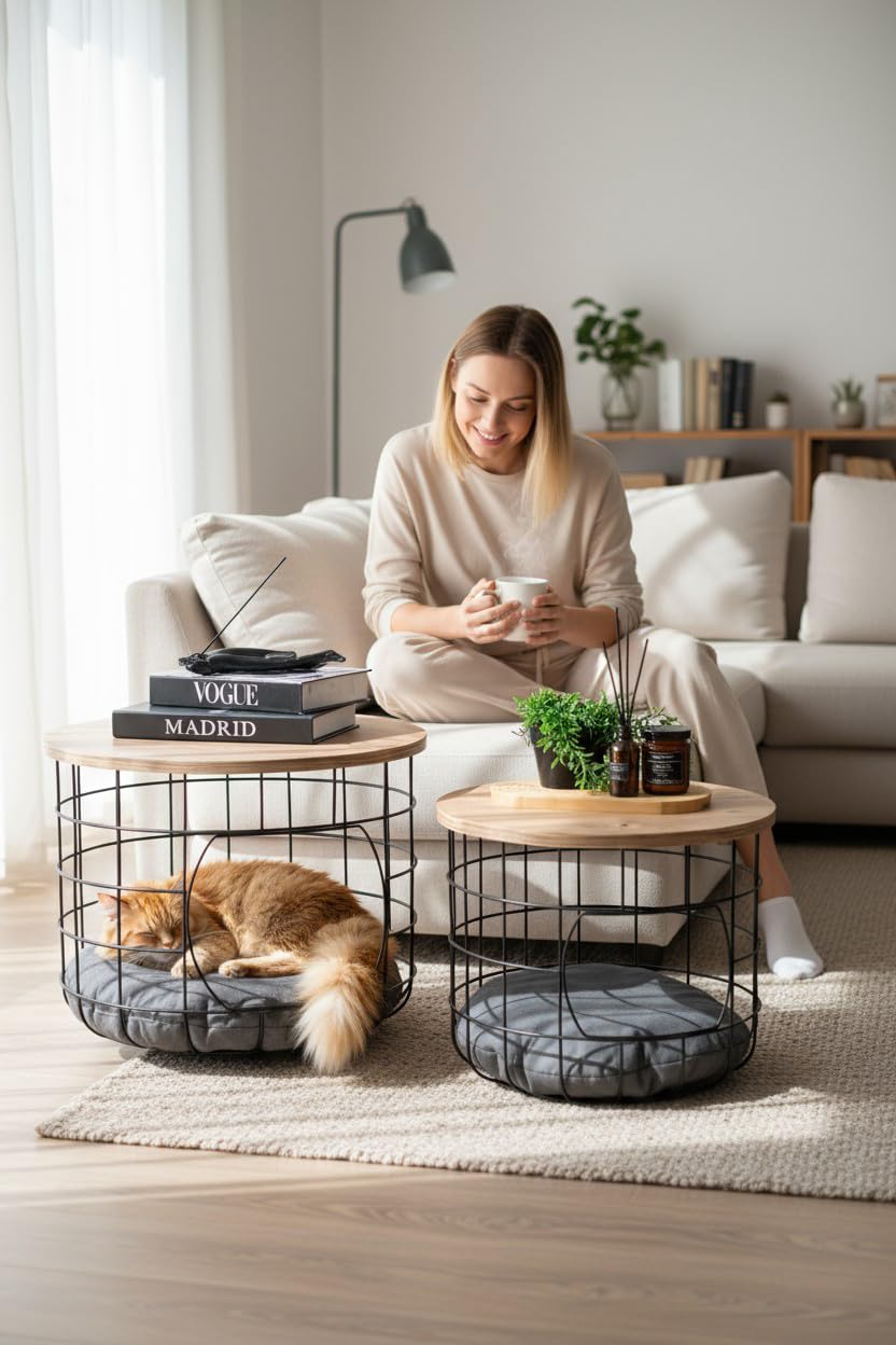 Beistelltisch 2er Set Katzennest mit Kissen, Couchtisch rund Metall Holz Industrial, Sofatisch mit Abnehmbarer Holzplatte, Katzenkorb Möbel 54 und 44 cm, Schwarz Eiche