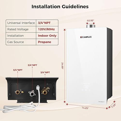 Vista 18 de CAMPLUX Climatech 7 Calentador de agua sin tanque de propano 3.6 GPM hasta 4 GPM, 85,300 BTU residencial compacto bajo demanda calentadores de agua