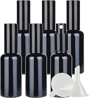 ZEOABSY Pack of 6, 50ml Glossy Black Glass Perfume Spray Bottles with Sprayer, 50 ml Refillable Empty Fine Mist Travel Atomiser Sprayers, Ideal for Makeup Care Household Cleaning + 1 x Funnel