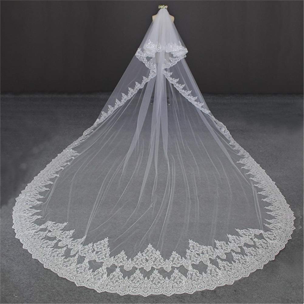 5 Mètres Voiles de Mariage Voile Mariée avec Lacet Applique Bordure Bling Paillettes 2 Tier Longue cathédrale Voile avec Peigne pour la mariée,Ivory