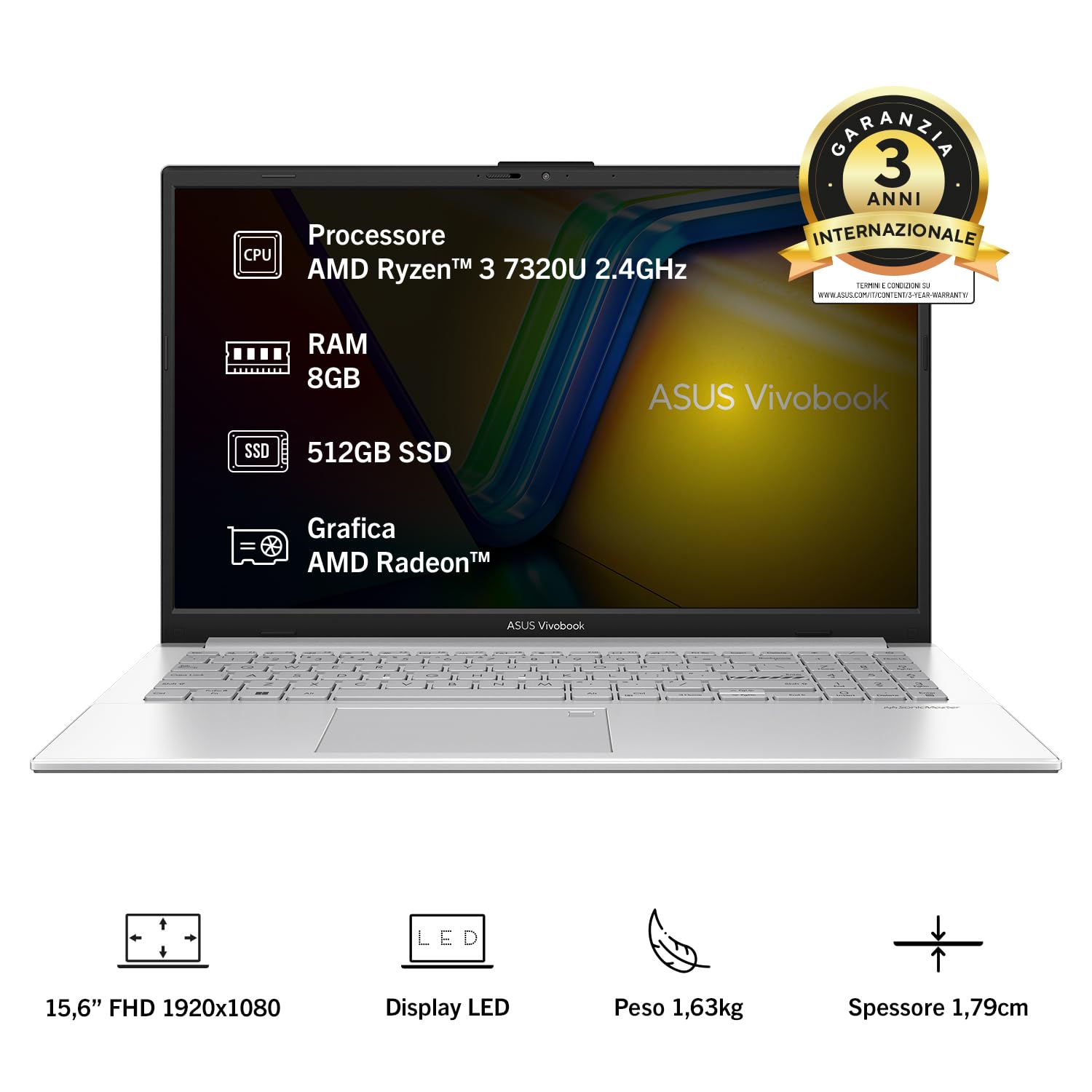 ASUS Vivobook Go 15 E1504FA, Notebook con Monitor da 15.6" IPS Anti-glare, 60Hz,AMD Ryzen™ 3 7320U Processor, RAM 8GB, 512GB SSD, WIN11 Home, Argento