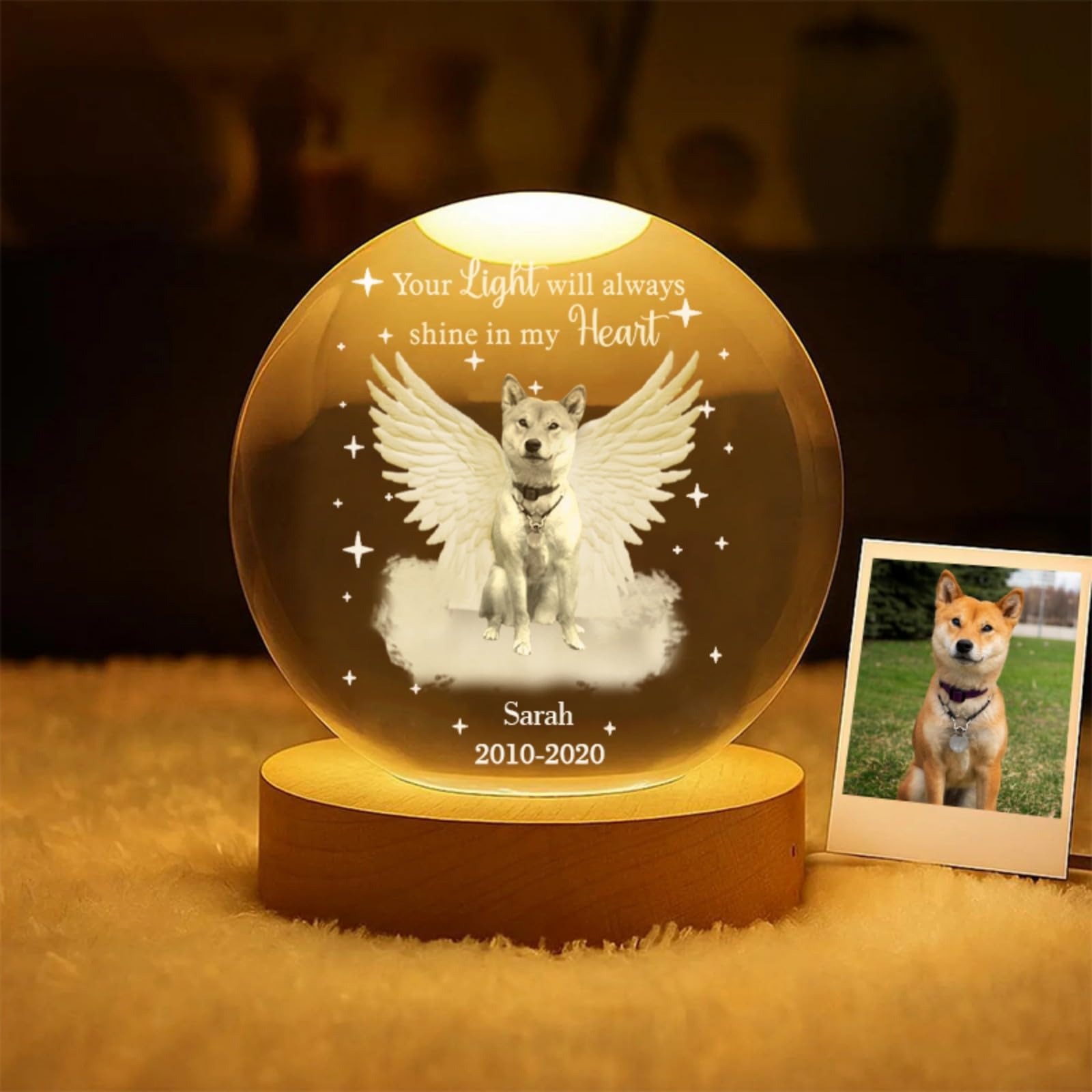 Drawelry Personalized Crystal Ball Night Light with Wings Pattern,Custom Crystal Ball Light with Picture, Anniversary, Christmas, Birthday Gifts for Pet Lover (Wings Pattern)