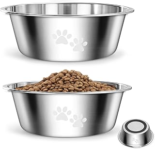PETTOM 2 Stück Edelstahl Hundenapf (2020 ML), Fressnapf für Große und Mittelgroße Hunde aus Edelstahl mit Rutschfestem Silikonboden, Trinknapf für Hunde, Spülmaschinengeeignet, L - 23.7 cm, Silber