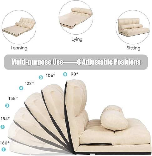 Miniatura 4 de S AFSTAR Safstar Sofá plegable y futón de suelo, sofá cama de tela de 6 posiciones con 2 almohadas y relleno de esponja, sofá perezoso ajustable