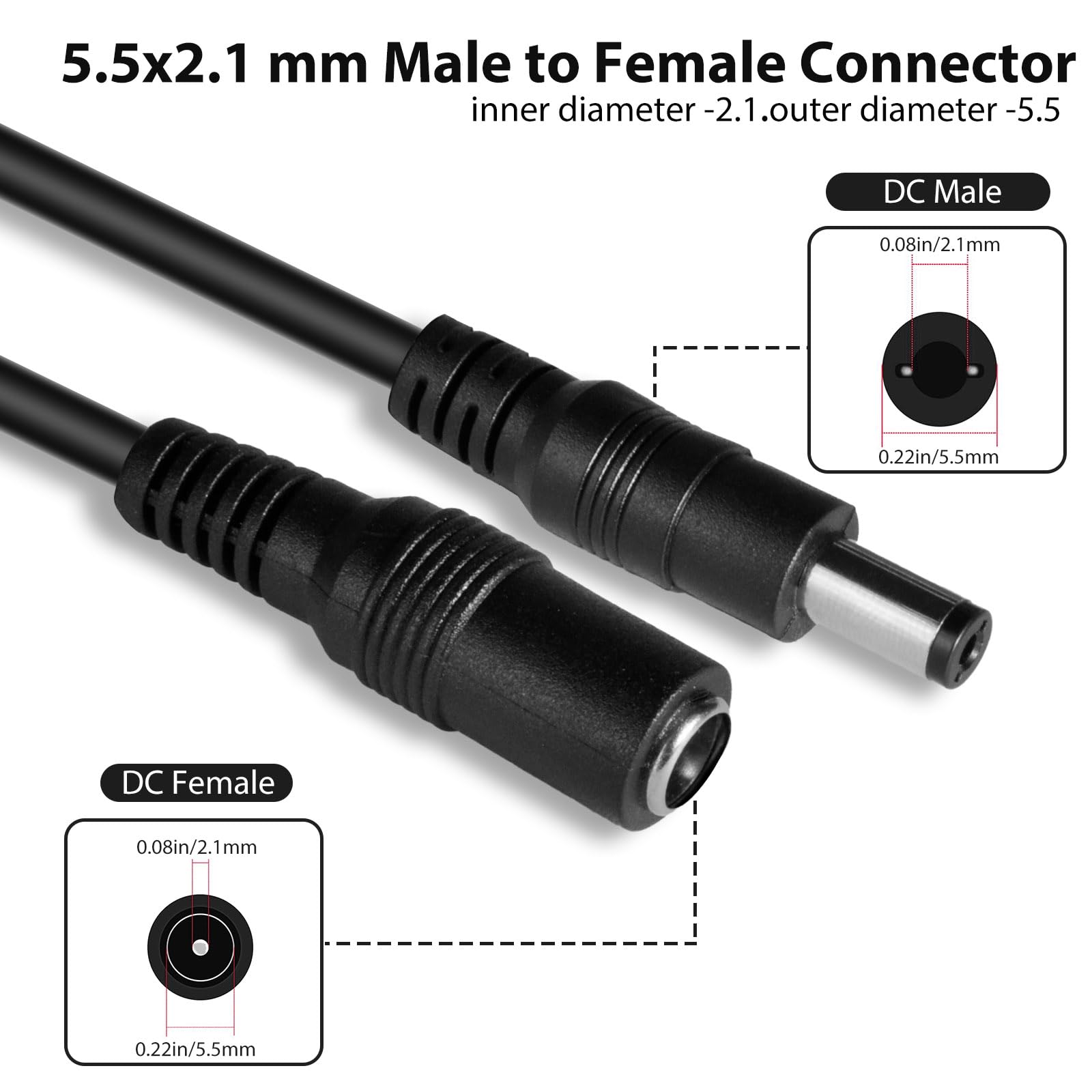 DC 12 V CCTV Verlängerungskabel 2,1 x 5,5 mm für CCTV Überwachungskamera WiFi IP Überwachungskamera NVR DVR LED Strip Router (20 Meter-65FT)