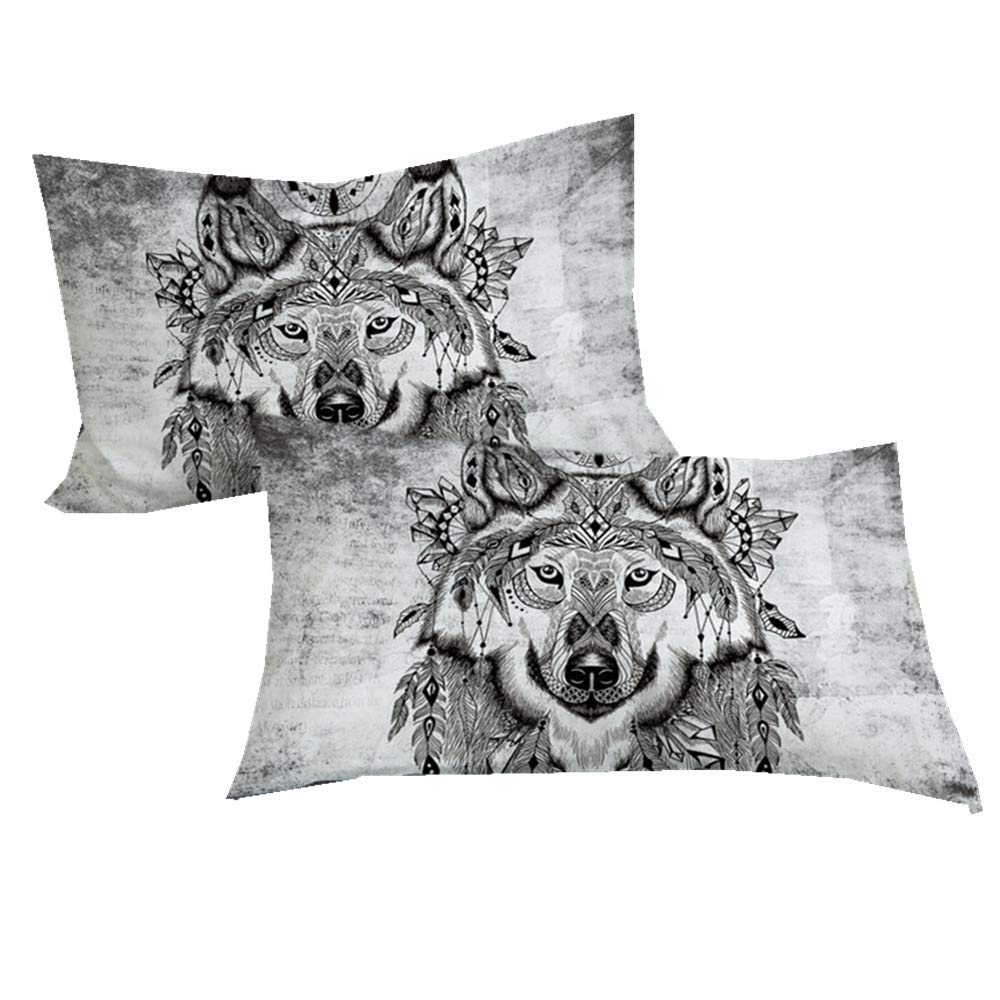 Sticker superb Bohemia Mandala Galaxy White Wolf Animal Love Pillow Cover, 3D Husky Dog Black Blue Dream Catcher Pillow Case Man Woman (Warrior Wolf, 2 x Pillow Case)