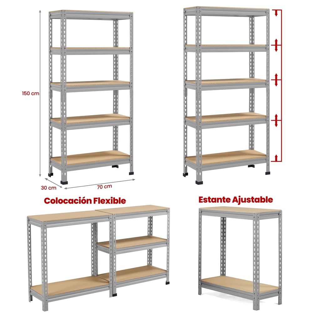 Yaheetech Estantería Metálica Galvanizada 150x70x30cm Estanterias Almacenaje de 5 Niveles Estante Industrial de Almacenamiento para Trastero Garaje Taller Carga de 750 kg sin Tornillos Gris Claro