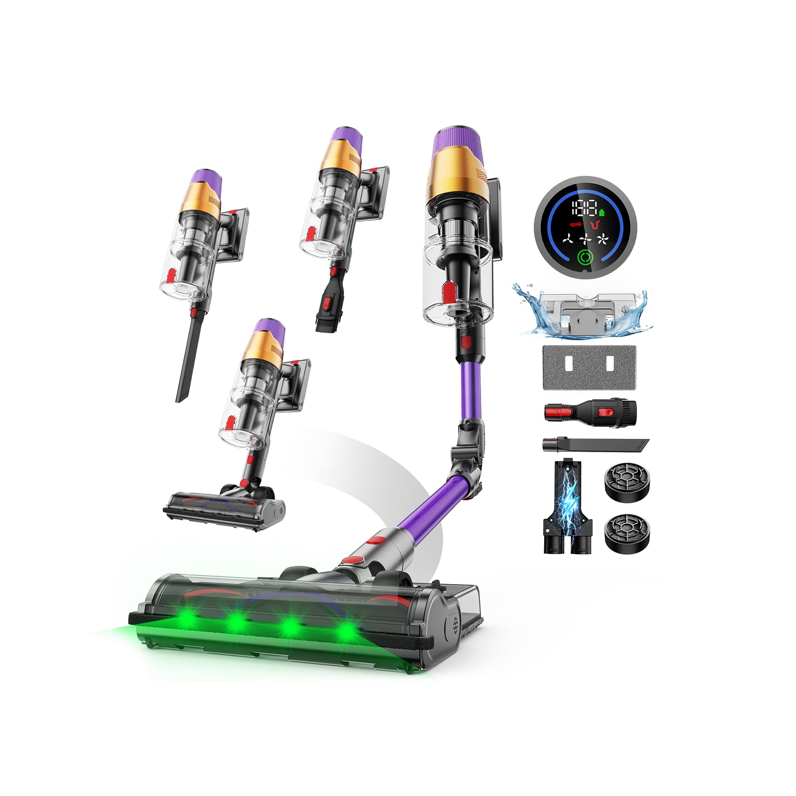 Linkifly A12 Akku Staubsauger mit Wassertank, 50Kpa, 600W, 70Min, 8-in-1, Kabelloser Staubsauger mit LED Touchscreen, 1,5L Staubbehälter, Anti-Tangle Bürste, Faltbares, für Teppiche/Autos/Tierhaare
