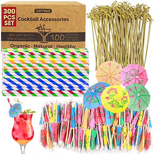 DEMIGO Cocktail Drink Accessories (300pcs) â€“ 100 Drink Umbrellas, 100 Bamboo Knotted Picks, 100 Paper Straws Great for Drinks & Appetizers, Hawaiian and pool parties