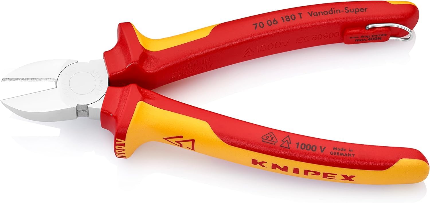 KNIPEX Tronchese laterale in blister cromata isolante con manici rivestiti in materiali bicomponente, collaudati VDE; con anello di, 70 06 180 T BK