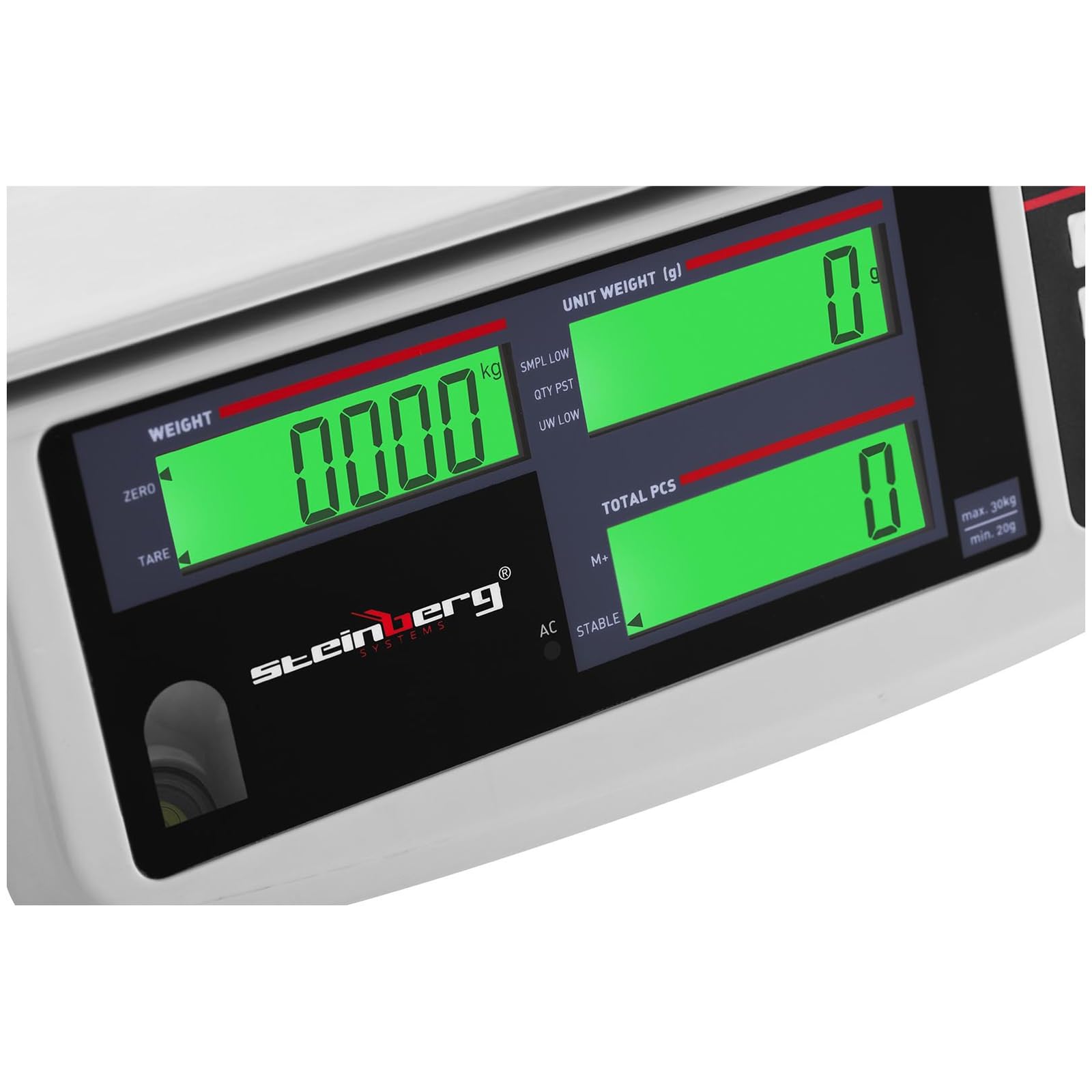Steinberg Systems Balanza Cuentapiezas Báscula Digital SBS-PW-301CC (Acero inoxidable/PVC, 3 LCD, Batería hasta 72 h, 30 kg / 1 g)