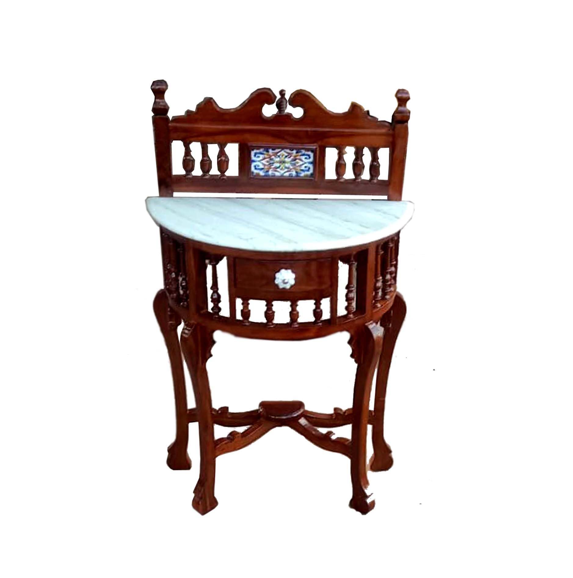 Kamoni Traditional Half Round (D) Shape Console Table Solid Teak Wood with Natural Marble Top, Lacquer Finish Honey Brown Size: 30x24x12 Inch-image-38