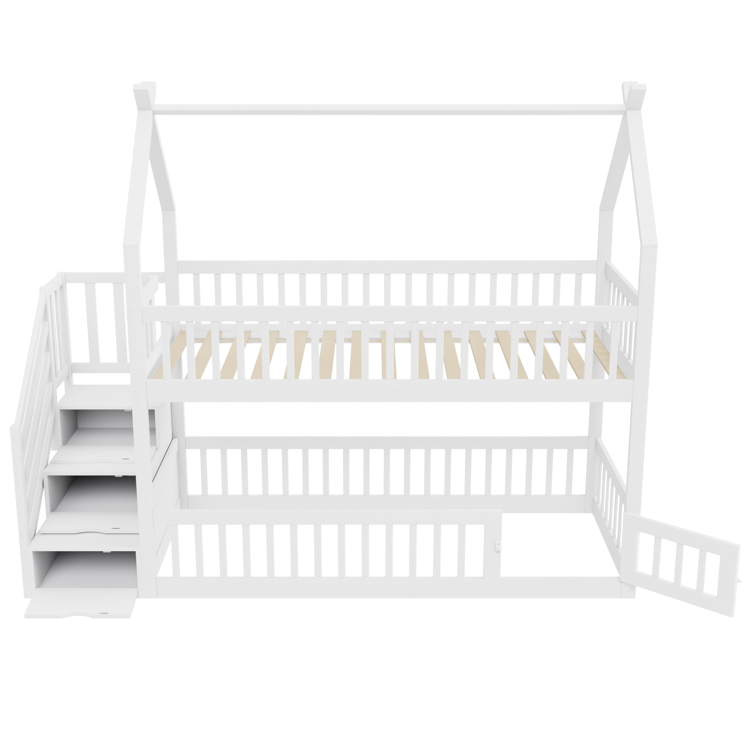 Etagenbett Kinderbett 90x200 cm mit Treppe und Stauraum, Hochbett Hausbett mit Rausfallschutz und Armlehne, Holzbett Bettgestell mit Lattenrost (Nur das obere Bett), Weiß, Ohne Matratze