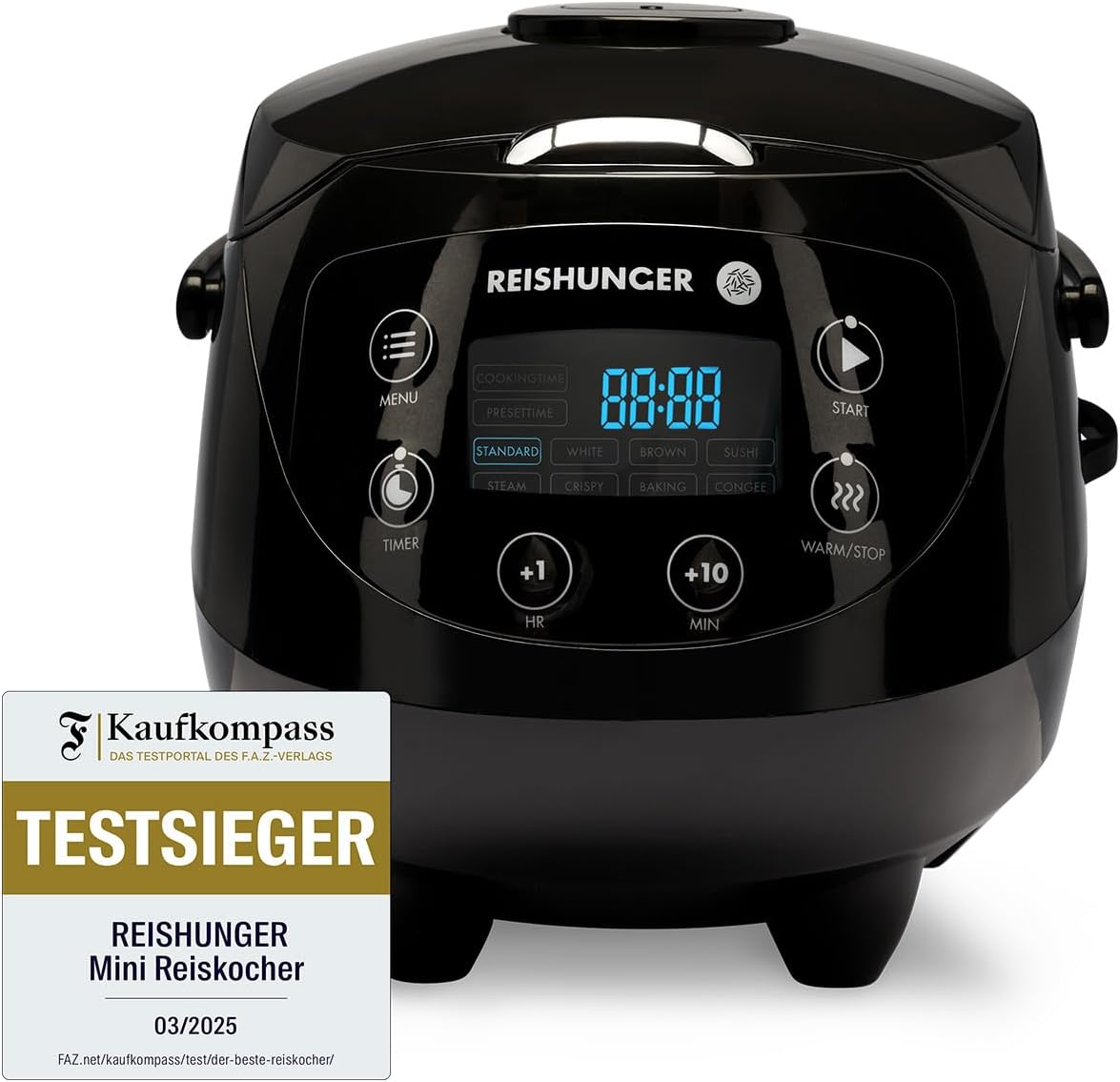 REISHUNGER Digitaler Reiskocher klein, schwarz | 0,6 L bis 3 Personen | Warmhaltefunktion, Timer & Premium Topf | Kleiner Multikocher & Dampfgarer, 8 Programme, 7-Phasen-Technologie