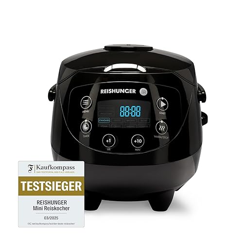 REISHUNGER Digitaler Reiskocher klein, schwarz | 0,6 L bis 3 Personen | Warmhaltefunktion, Timer & Premium Topf | Kleiner Multikocher & Dampfgarer, 8 Programme, 7-Phasen-Technologie - Schwarz