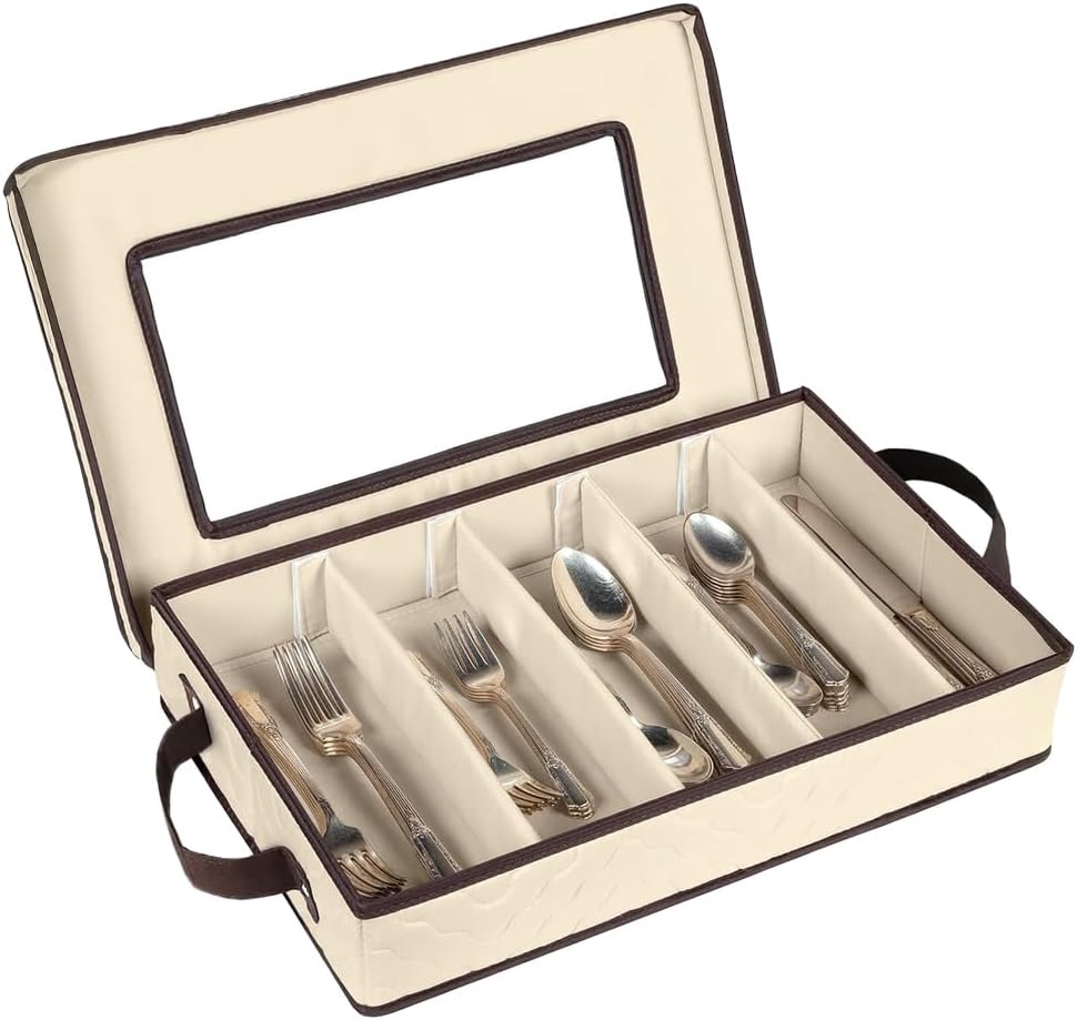 Flatware Storage Case - Durable 5 Compartment Silverware Storage Container Box with Removable Lid and Easy to Carry Handles - Large Capacity Keeps Your Cutlery Organized & Protected - Beige