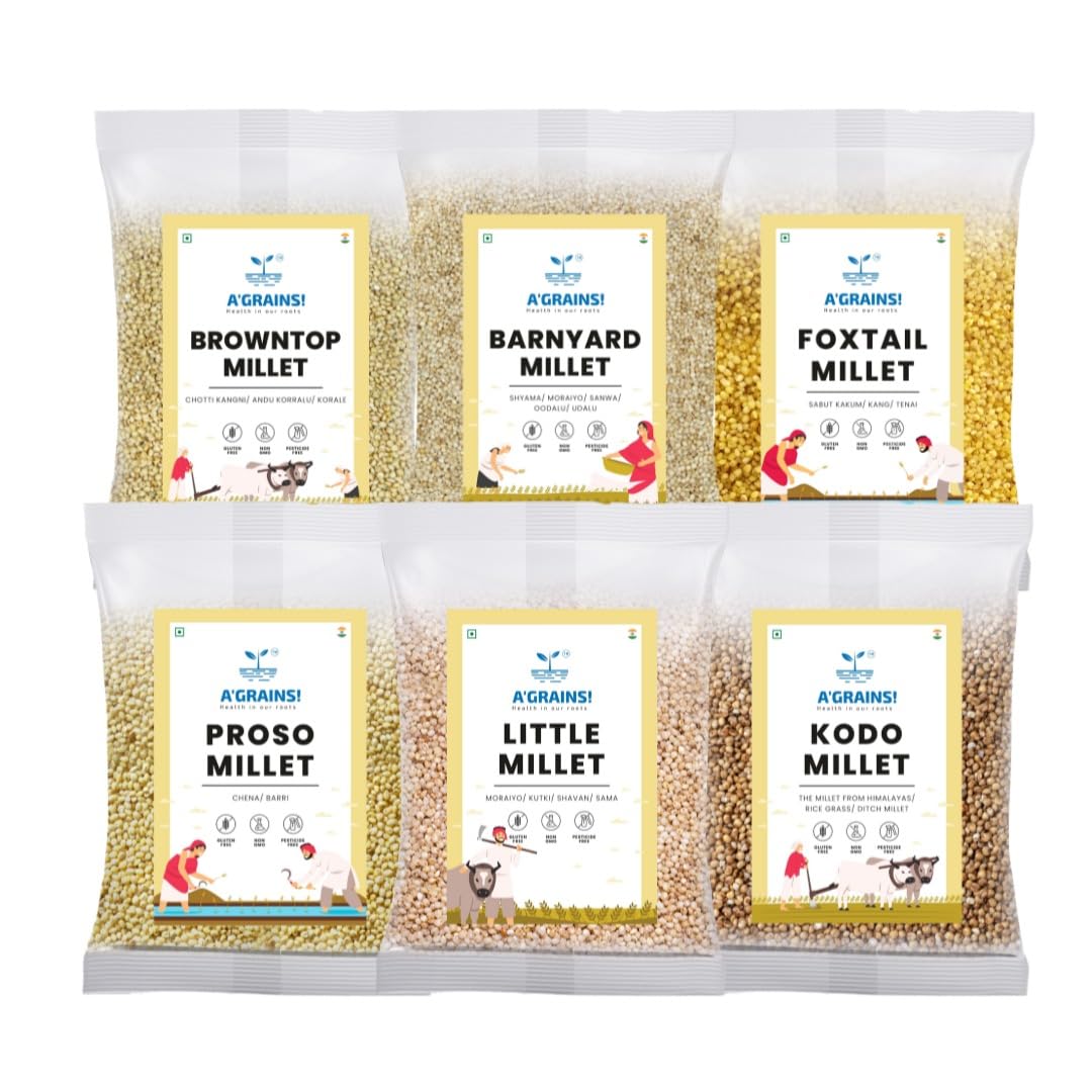 AGRAINS! Millets 2.7Kg Combo Pack of 6, Unpolished Millets, Siridhanya, Browntop 450g, Foxtail 450g, Kodo 450g,Barnyard 450g,Little 450g, Proso 450gm Natural Grains 450g(Pack of 6) (B0CR65CLCH) Amazon Price History, Amazon Price Tracker